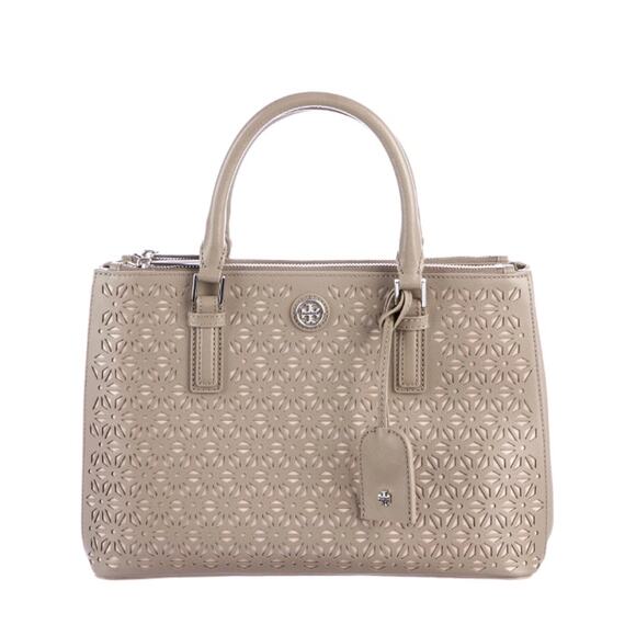 Tory Burch Robinson Laser Cut Satchel Bag Taupe